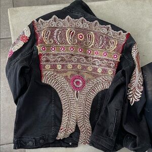 Handcrafted beaded black denim jacket -sz tag missing fits like a sm/m